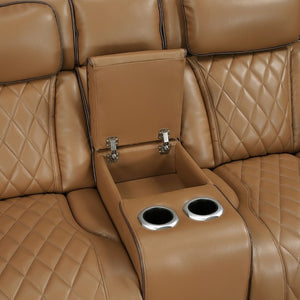 English Elm Power Reclining Loveseat with LED Lighting Console Storage and Diamond Faux Leather B011P574417