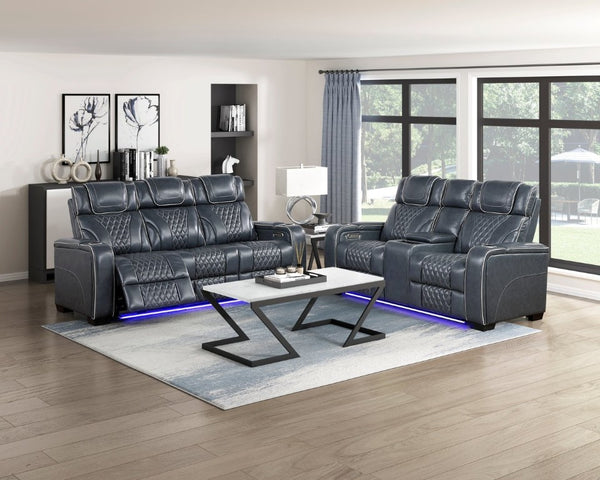 English Elm Double Reclining Sofa with Pocket Coil Support and Wall Hugger Design for Living Rooms Blue Engineered Wood B011P574421