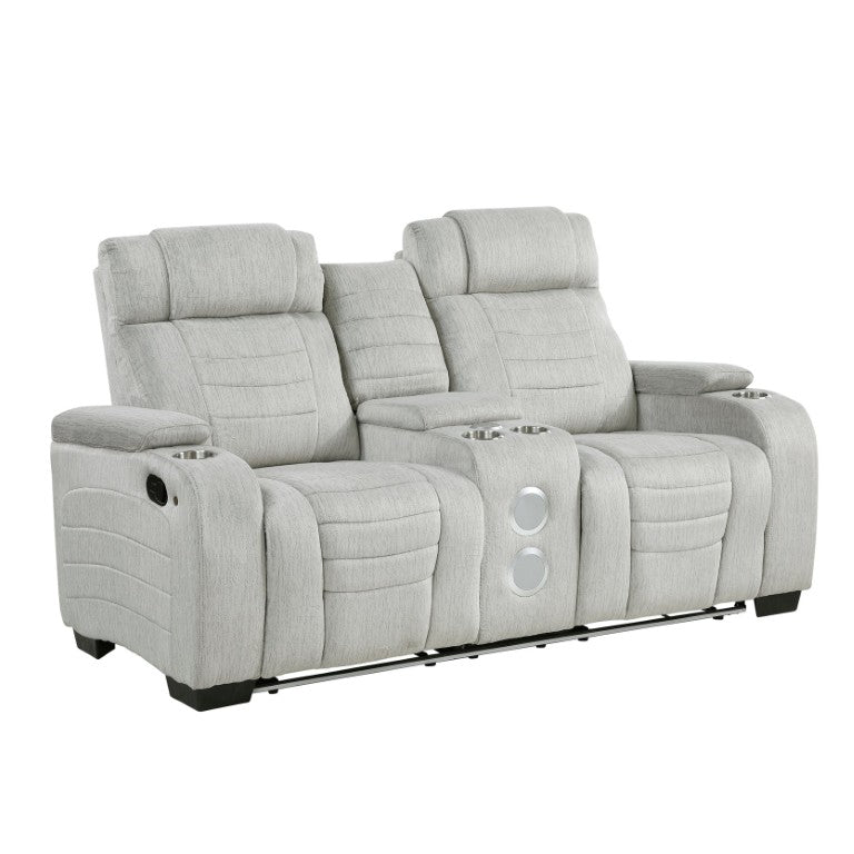 English Elm Double Reclining Loveseat with LED Base Lighting Center Console and Wireless Speakers B011P574428