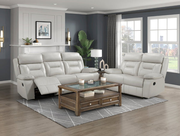 English Elm Double Reclining Sofa with Pocket Coil Support and Dual Tab Pull for Living Rooms Silver Leather B011P575223