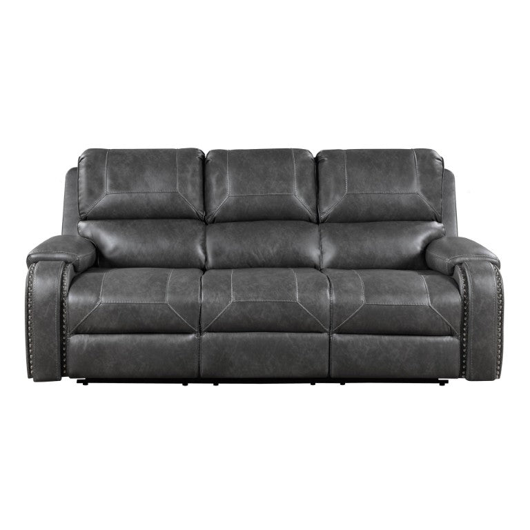 English Elm Double Reclining Faux Leather Sofa with Nailhead Trim and Drop Down Console Hub B011P575226