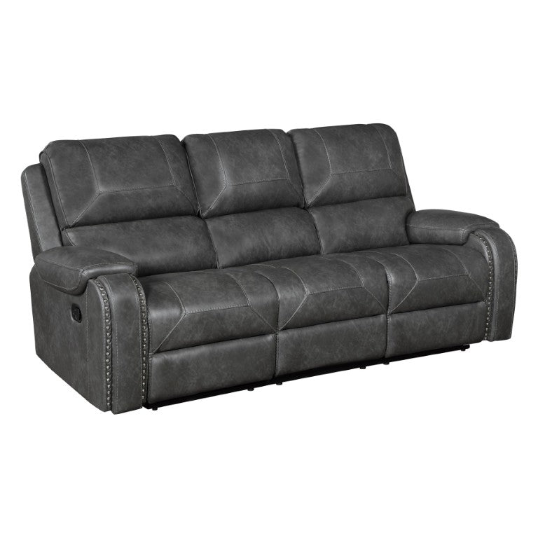 English Elm Double Reclining Faux Leather Sofa with Nailhead Trim and Drop Down Console Hub B011P575226