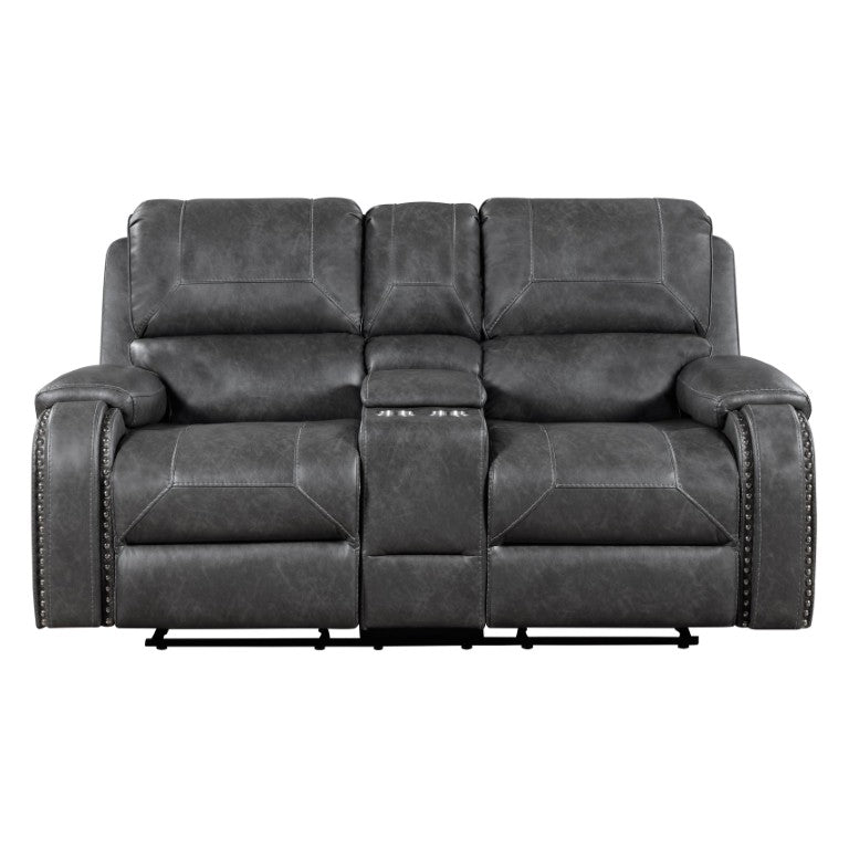 English Elm Double Glider Reclining Loveseat with Nailhead Trim Center Console Faux Leather B011P575227