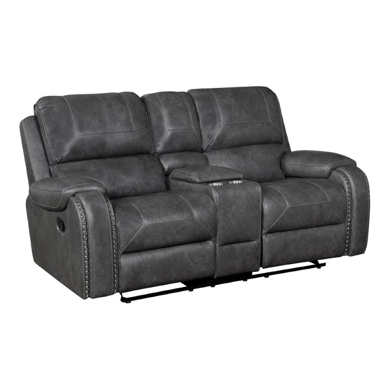 English Elm Double Glider Reclining Loveseat with Nailhead Trim Center Console Faux Leather B011P575227