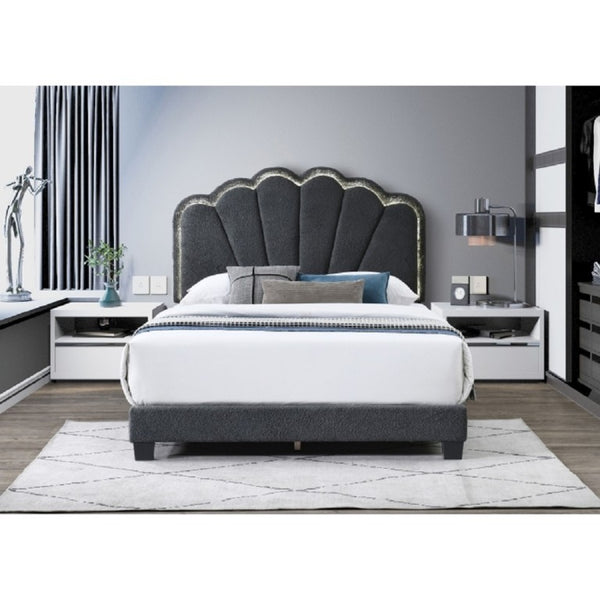 English Elm Modern Glam California King Bed Bouclé Shell Arch Headboard with LED Ambient Lighting Dark Gray 86.42 L x 73.62 W x 54.13 H Boucle,MDF,Solid Wood B011P575283