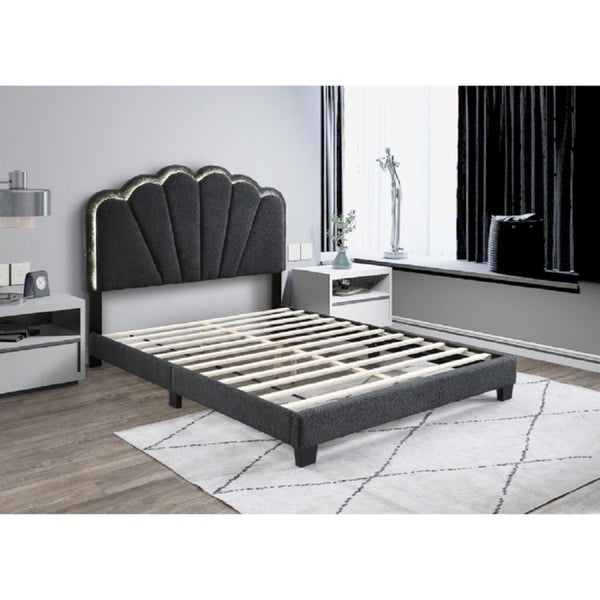 English Elm Modern Glam California King Bed Bouclé Shell Arch Headboard with LED Ambient Lighting Dark Gray 86.42 L x 73.62 W x 54.13 H Boucle,MDF,Solid Wood B011P575283