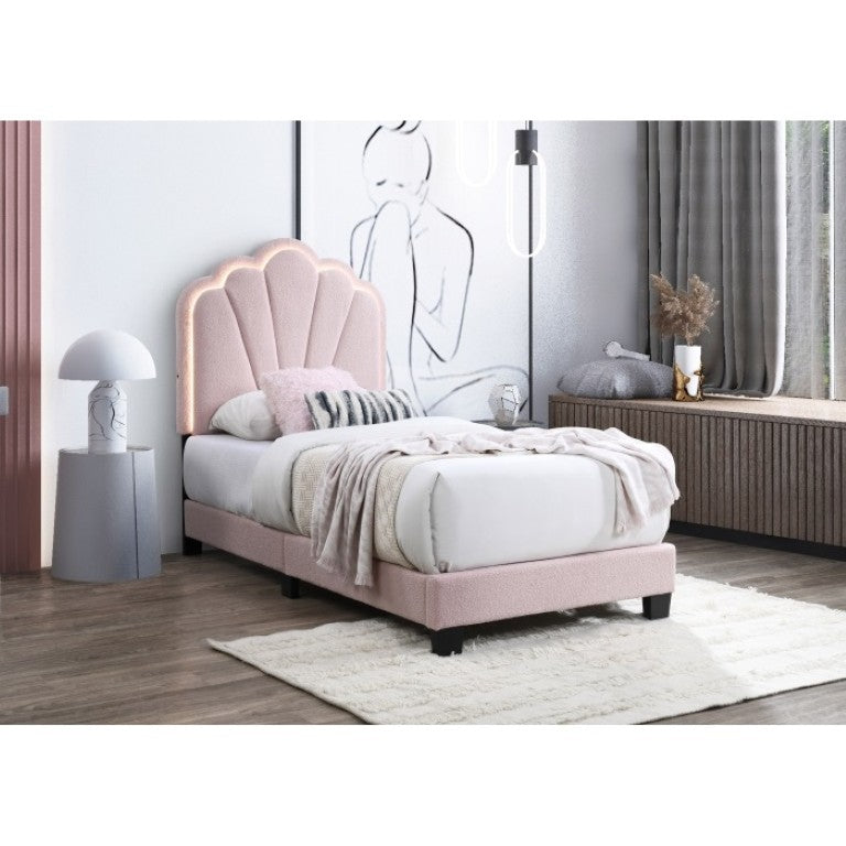 English Elm Modern Glam Twin Platform Bed Boucle Shell Arch Headboard with Built-In LED Lighting Pink Twin B011P575293