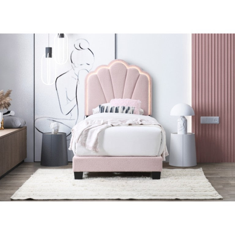 English Elm Modern Glam Twin Platform Bed Boucle Shell Arch Headboard with Built-In LED Lighting Pink Twin B011P575293
