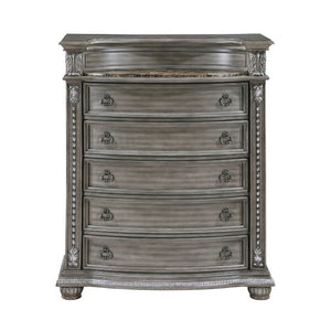 English Elm Traditional Five Drawer Tall Chest with Marble Top Acanthus Carvings and Silver Tipped Finish B011P575294
