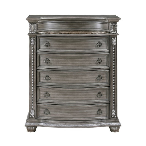 English Elm Traditional Five Drawer Tall Chest with Marble Top Acanthus Carvings and Silver Tipped Finish B011P575294