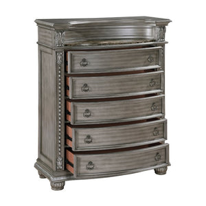 English Elm Traditional Five Drawer Tall Chest with Marble Top Acanthus Carvings and Silver Tipped Finish B011P575294