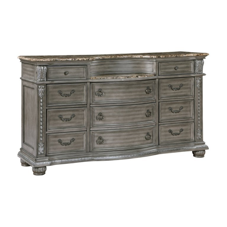 English Elm Traditional Carved Marble Top Dresser and Mirror Set with Gray Acacia Wood Bedroom Dresser Only B011P575295