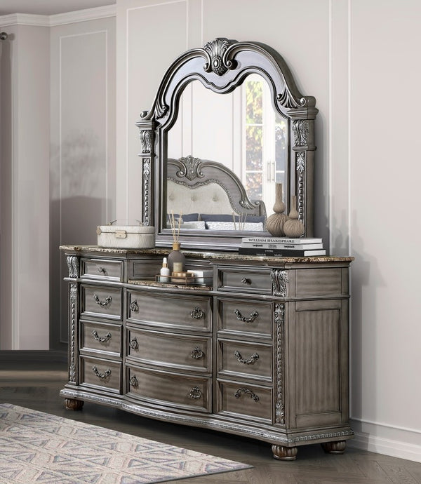 English Elm Traditional Carved Marble Top Dresser and Mirror Set with Gray Acacia Wood Bedroom Dresser Only B011P575295