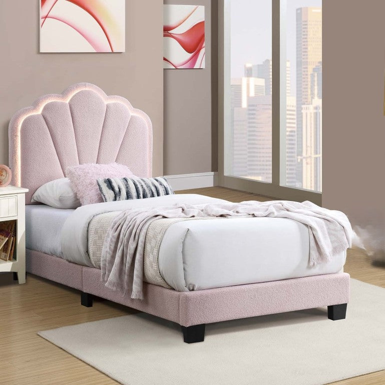 English Elm Pink Wool Upholstered Twin Bed Scalloped LED Headboard Tufted Platform Frame B011P575316