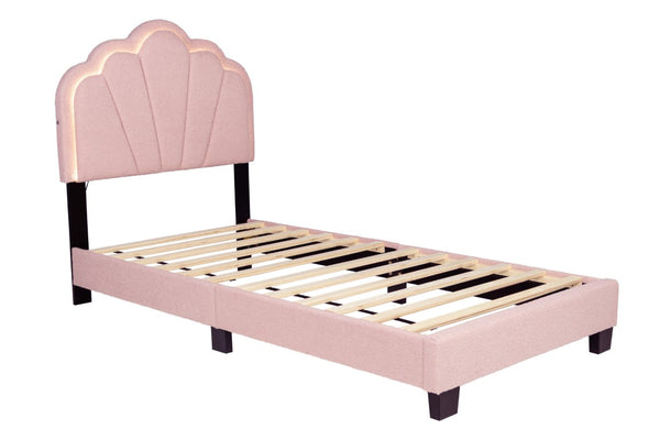 English Elm Pink Wool Upholstered Twin Bed Scalloped LED Headboard Tufted Platform Frame B011P575316