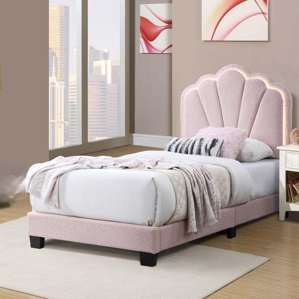 English Elm Pink Wool Upholstered Twin Bed Scalloped LED Headboard Tufted Platform Frame B011P575316