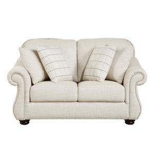 English Elm Love Seat Nailhead Trim Bun Feet Beige Textured Fabric Traditional Living Room Loveseat B011P576108