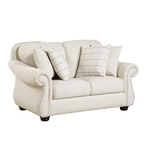English Elm Love Seat Nailhead Trim Bun Feet Beige Textured Fabric Traditional Living Room Loveseat B011P576108