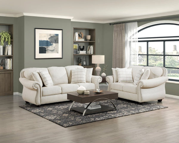 English Elm Love Seat Nailhead Trim Bun Feet Beige Textured Fabric Traditional Living Room Loveseat B011P576108