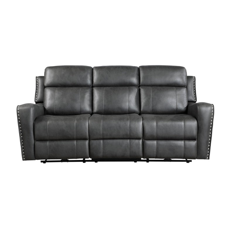 English Elm Double Reclining Sofa with Nailhead Trim Dacron Foam Seating for Modern Living Smoke Grey Microfiber B011P576155