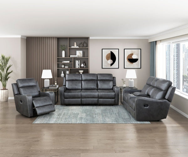 English Elm Double Reclining Sofa with Nailhead Trim Dacron Foam Seating for Modern Living Smoke Grey Microfiber B011P576155