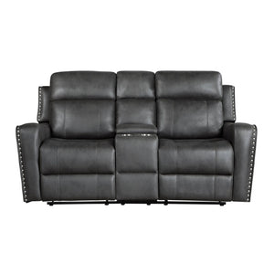 English Elm Double Reclining Loveseat with Center Console Microfiber Upholstery and Nailhead Trim B011P576156
