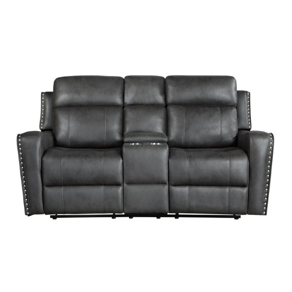 English Elm Double Reclining Loveseat with Center Console Microfiber Upholstery and Nailhead Trim B011P576156