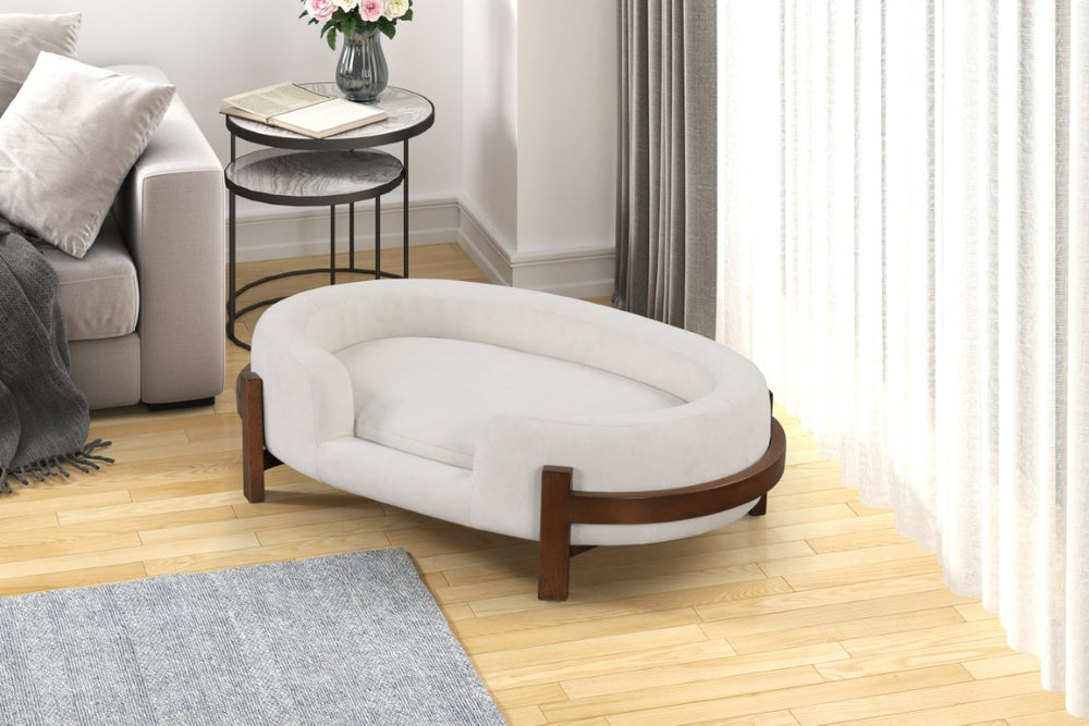 English Elm Calming Oval Pet Bed with Solid Wood Frame Elevated Base Neutral Fabric Cushion B011P577477