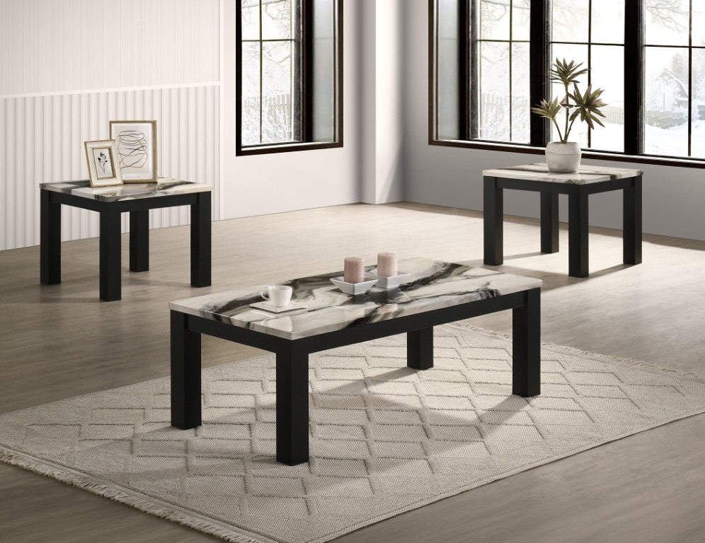 English Elm Modern Faux Marble 3 Piece Living Room Table Set with Black Wood Angular Bases B011P578284