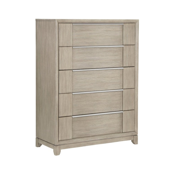 English Elm Light Gray Ash Veneer Five Drawer Tall Chest with Pewter Pulls for Modern Bedrooms B011P578289