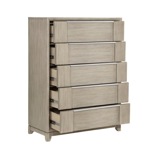 English Elm Light Gray Ash Veneer Five Drawer Tall Chest with Pewter Pulls for Modern Bedrooms B011P578289