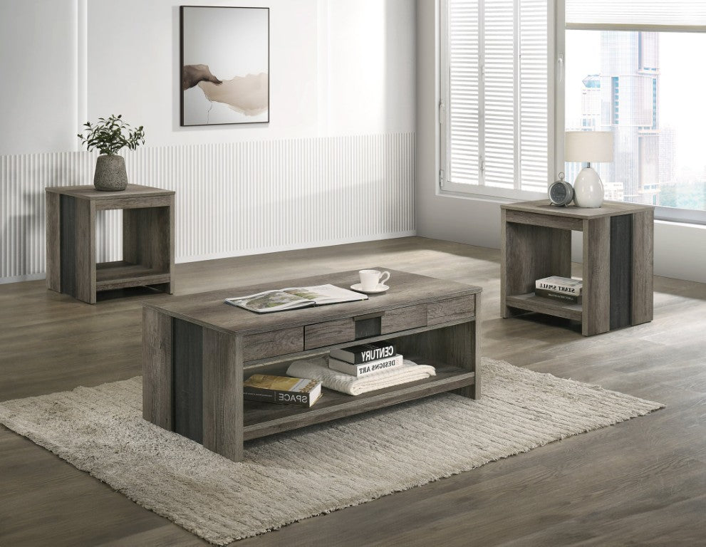 English Elm Modern Gray Brown Wood 3 Piece Living Room Table Set with Storage Drawers and Shelf B011P578312
