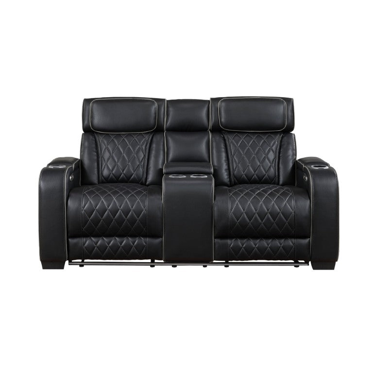 English Elm Power Reclining Loveseat with LED Base Diamond Stitched Faux Leather Theater Seating B011P580718