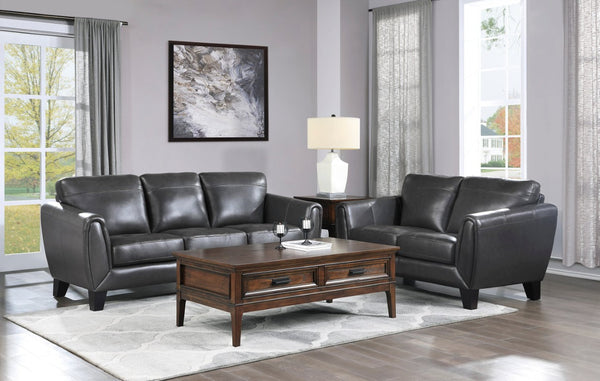 English Elm Sofa Transitional Three Seat Polyester Upholstered Living Room Couch with Pocket Coil Cushions Dark Gray Leather B011P580756