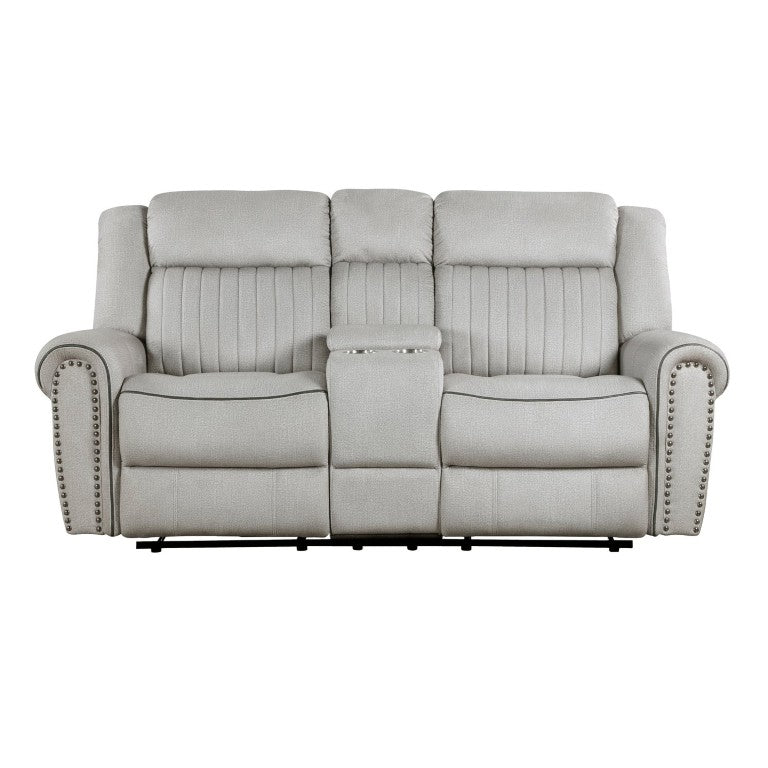 English Elm Double Reclining Loveseat with Console Storage Nailhead Trim Microfiber Seating B011P580779