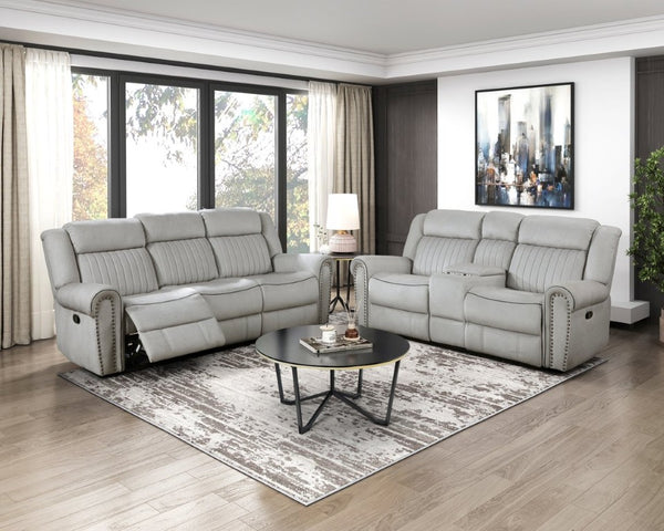 English Elm Double Reclining Loveseat with Console Storage Nailhead Trim Microfiber Seating B011P580779