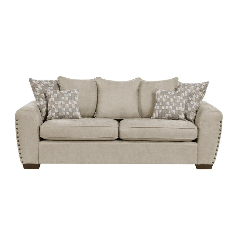 English Elm Sofa with Nailhead Trim Loose Back Pillows and Pocket Coil Cushions for Living Rooms Light Brown Chenille B011P580789