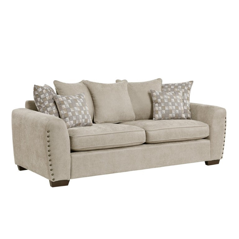 English Elm Sofa with Nailhead Trim Loose Back Pillows and Pocket Coil Cushions for Living Rooms Light Brown Chenille B011P580789