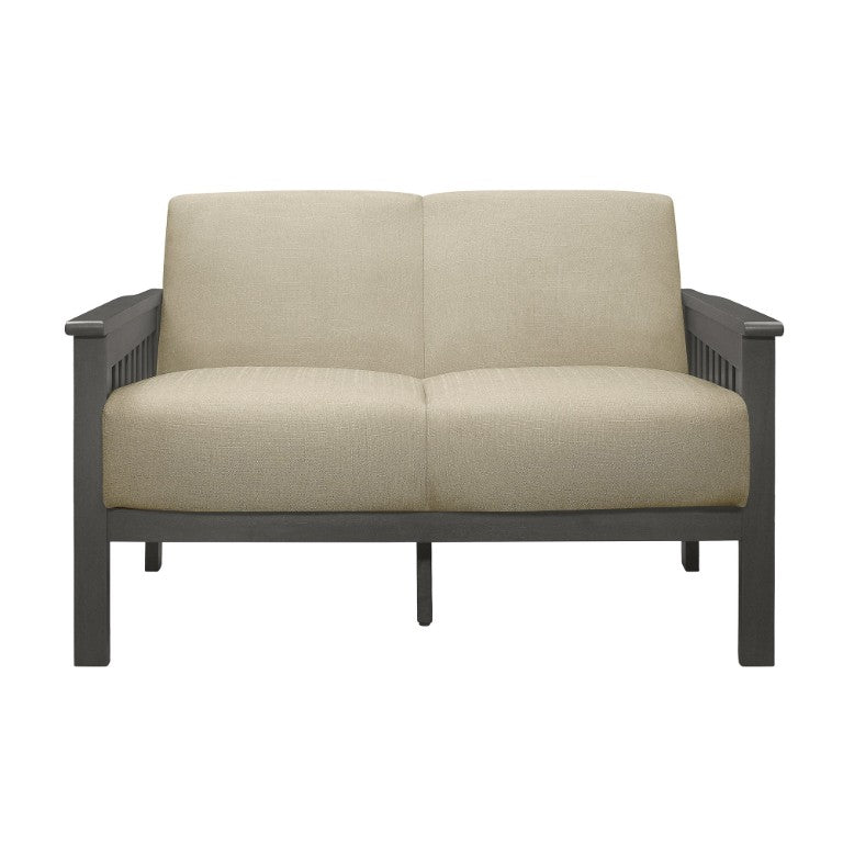 English Elm Love Seat Arts and Crafts Inspired Rubberwood Frame with Linen Textured Upholstery B011P580802