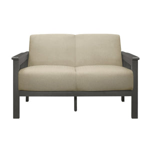 English Elm Love Seat Arts and Crafts Inspired Rubberwood Frame with Linen Textured Upholstery B011P580802