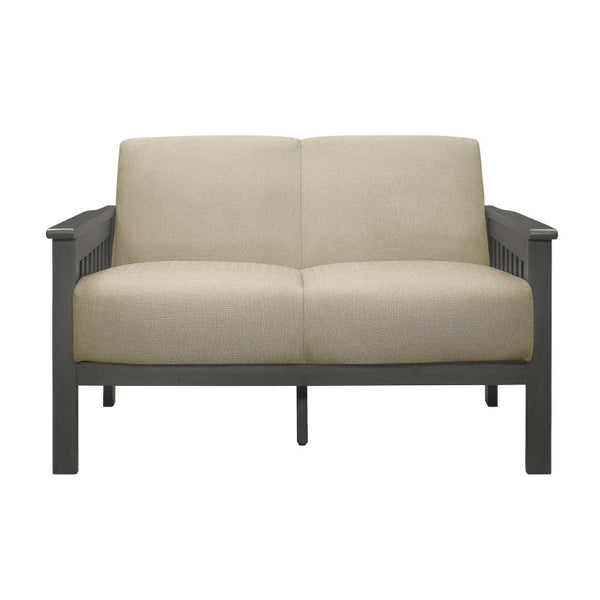 English Elm Love Seat Arts and Crafts Inspired Rubberwood Frame with Linen Textured Upholstery B011P580802