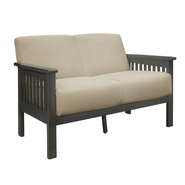 English Elm Love Seat Arts and Crafts Inspired Rubberwood Frame with Linen Textured Upholstery B011P580802