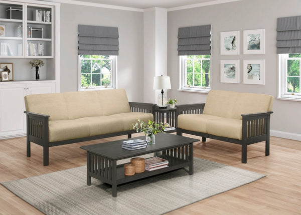 English Elm Love Seat Arts and Crafts Inspired Rubberwood Frame with Linen Textured Upholstery B011P580802