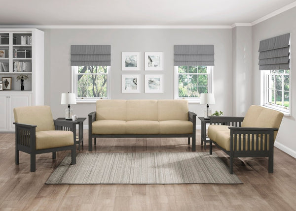 English Elm Love Seat Arts and Crafts Inspired Rubberwood Frame with Linen Textured Upholstery B011P580802