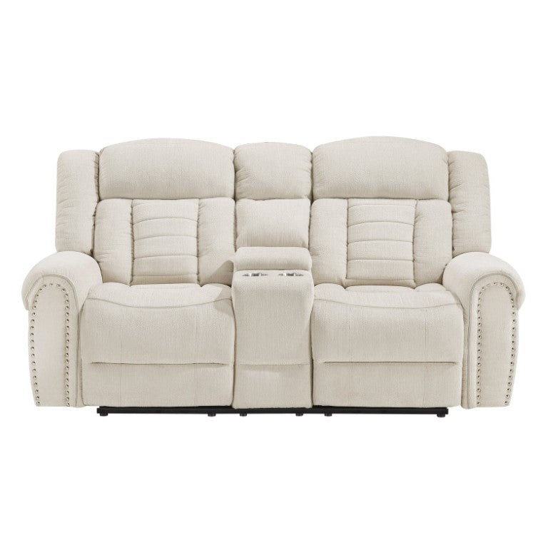 English Elm Double Reclining Loveseat with Chenille Upholstery Nailhead Trim and Storage Console B011P580804