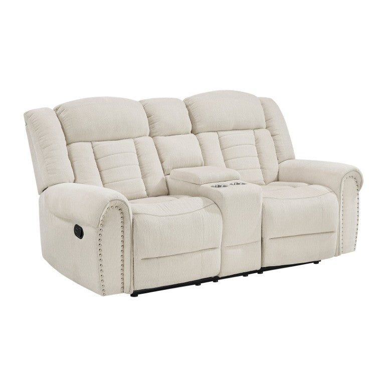 English Elm Double Reclining Loveseat with Chenille Upholstery Nailhead Trim and Storage Console B011P580804