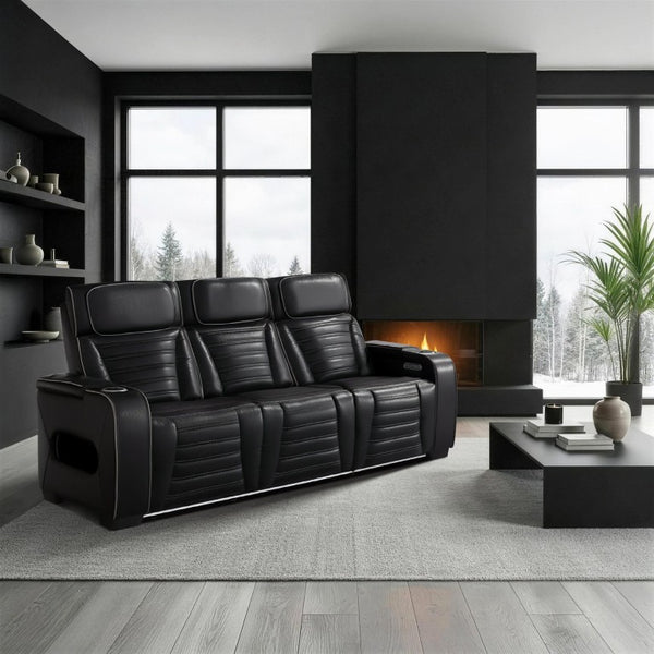English Elm Power Reclining Sofa with Massage Heated Seating Wireless Charging and Wall Hugger Design Black Leather B011P580806