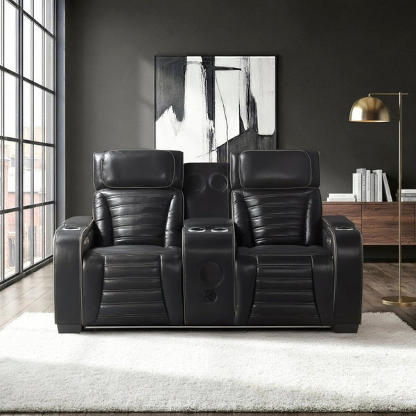 English Elm Power Reclining Loveseat with Massage Speakers LED Lighting and Top Grain Leather B011P580807