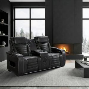 English Elm Power Reclining Loveseat with Massage Speakers LED Lighting and Top Grain Leather B011P580807