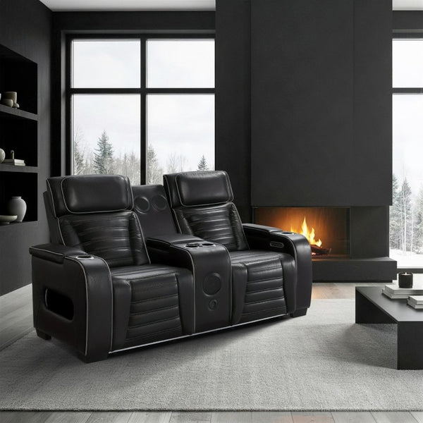 English Elm Power Reclining Loveseat with Massage Speakers LED Lighting and Top Grain Leather B011P580807